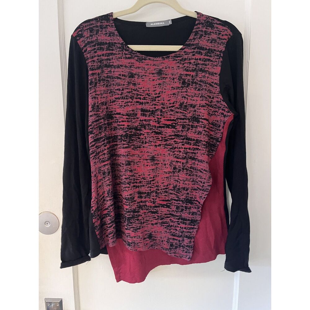 ALEMBIKA Red Black Asymmetrical Brooke Jersey Stretch Knit Shirt Top Size 8